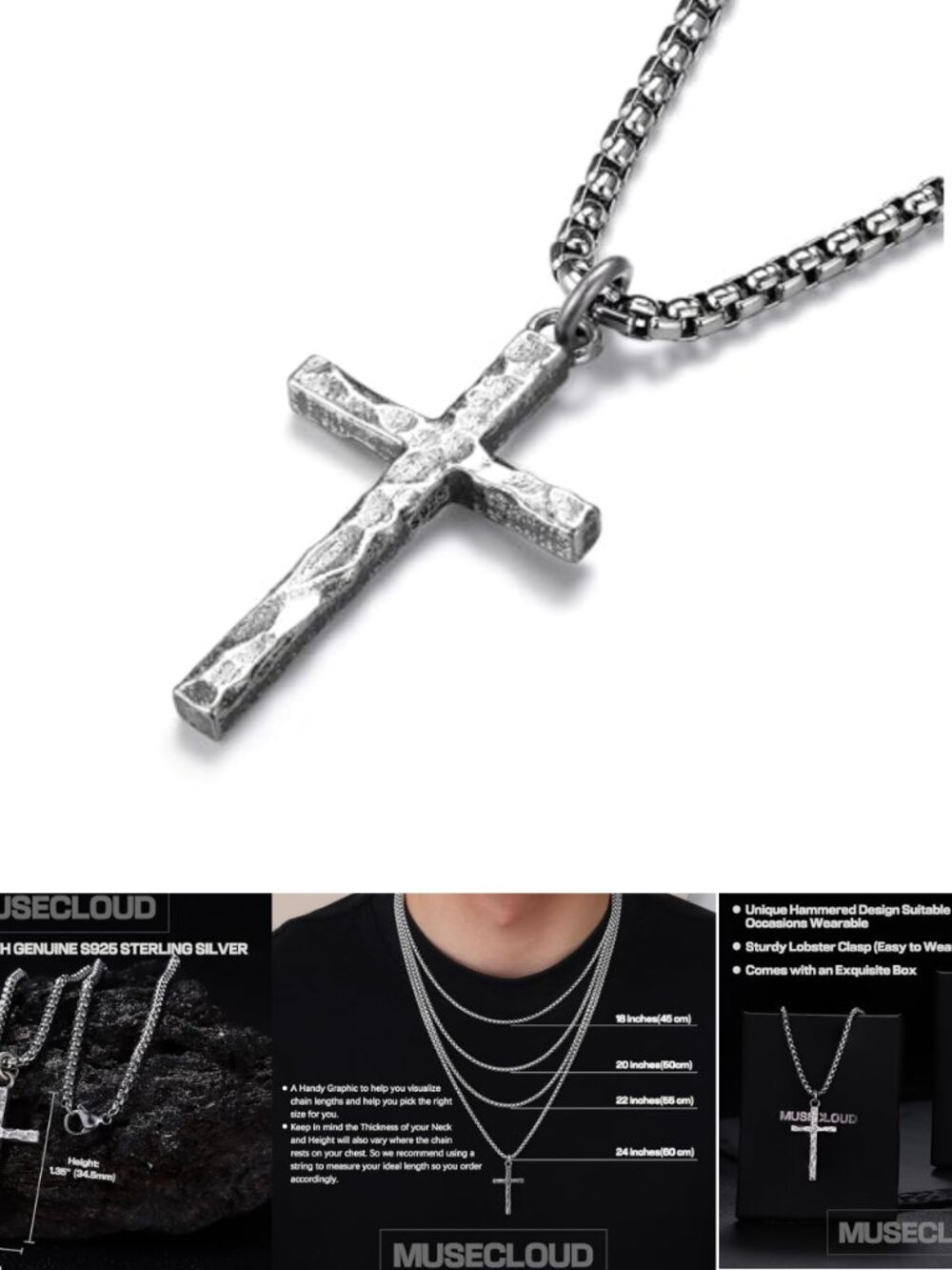 925 Sterling Silver Cross Necklace Men Box Chain Rustic Pendant Gift